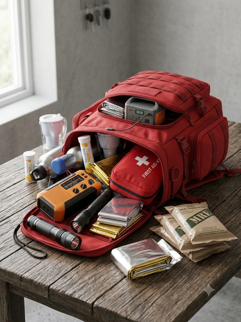 Emergency grab bag with torch, radio, first aid kit, food rations and survival essentials